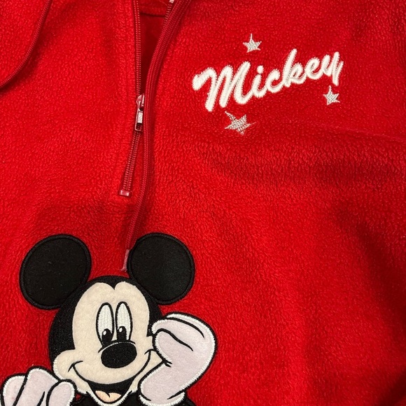 [M] DISNEY Fleeced Hoodie Mickey Mouse Pullover 1/4 Zip USA Cartoon Vintage Red - Picture 3 of 7